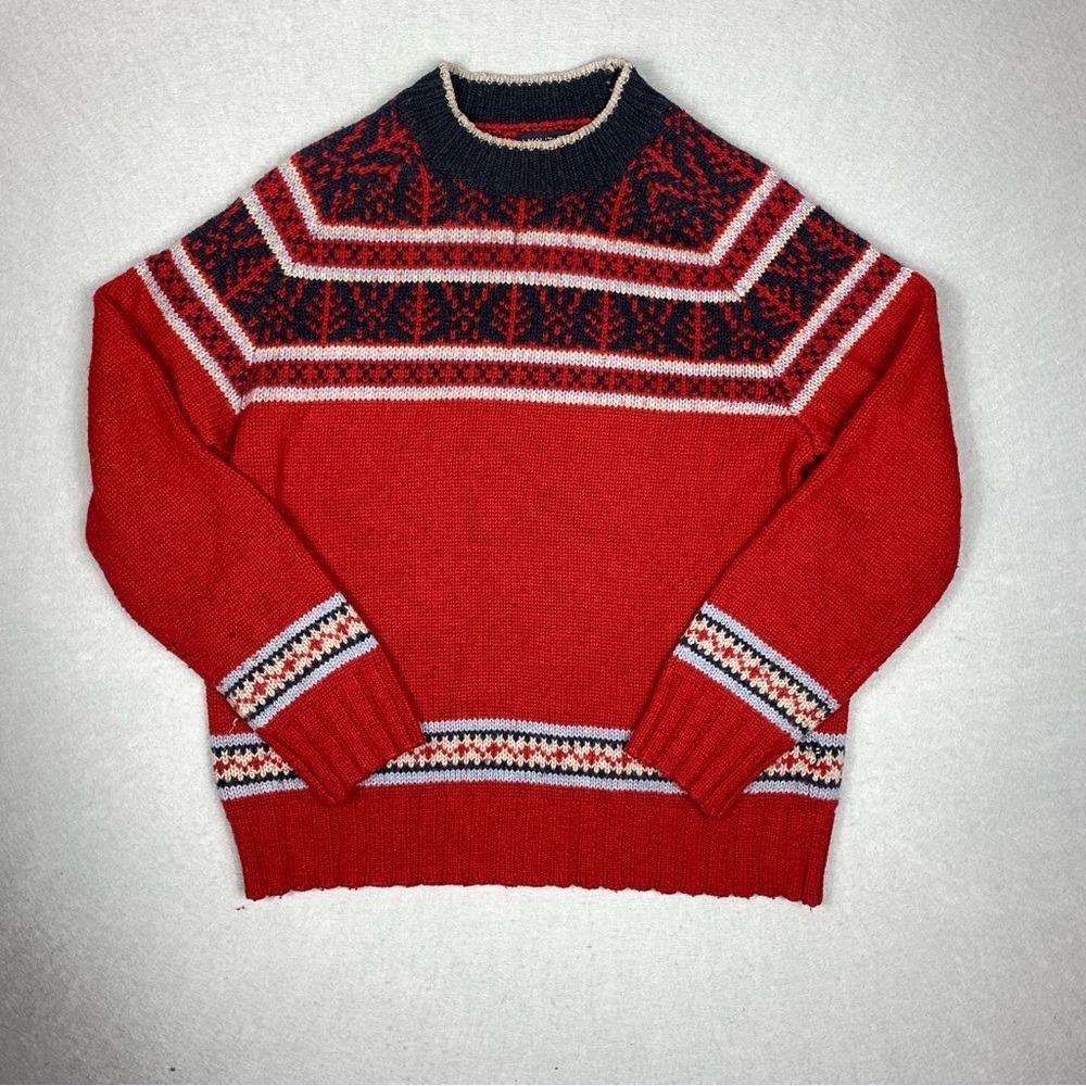 Nautica Sweater Men's Large Red Nordic Fair Isle Knit Pullover Winter Pattern